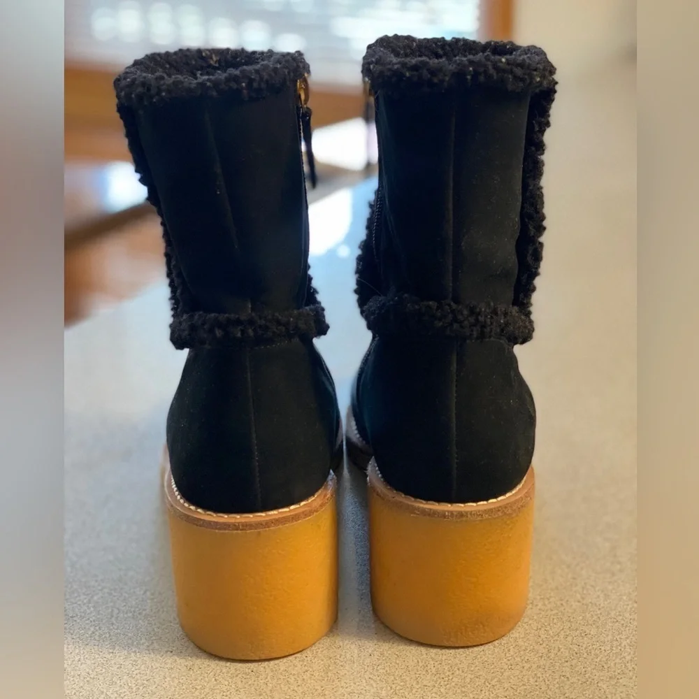 J. Crew Black Suede Shearling-Trim Block Heel Ankle Boots